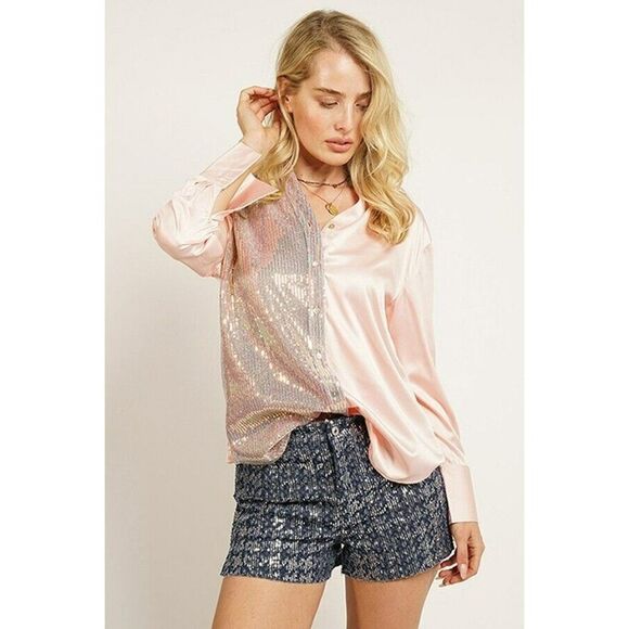 GeeGee Clothing Satin Sequin Button Up Mix Top Shirt in Peach New S-L ST2310 - Picture 1 of 5